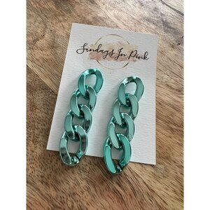 TEAL Aqua Metallic Chain Link Earrings NEW